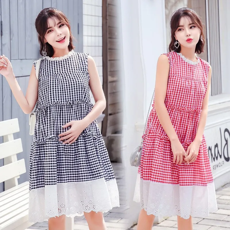 

Mid-length Fashion 2019 New Style Dress Summer Loose-Fit Fashion Mom Sleeveless Plaid Large Size Tops