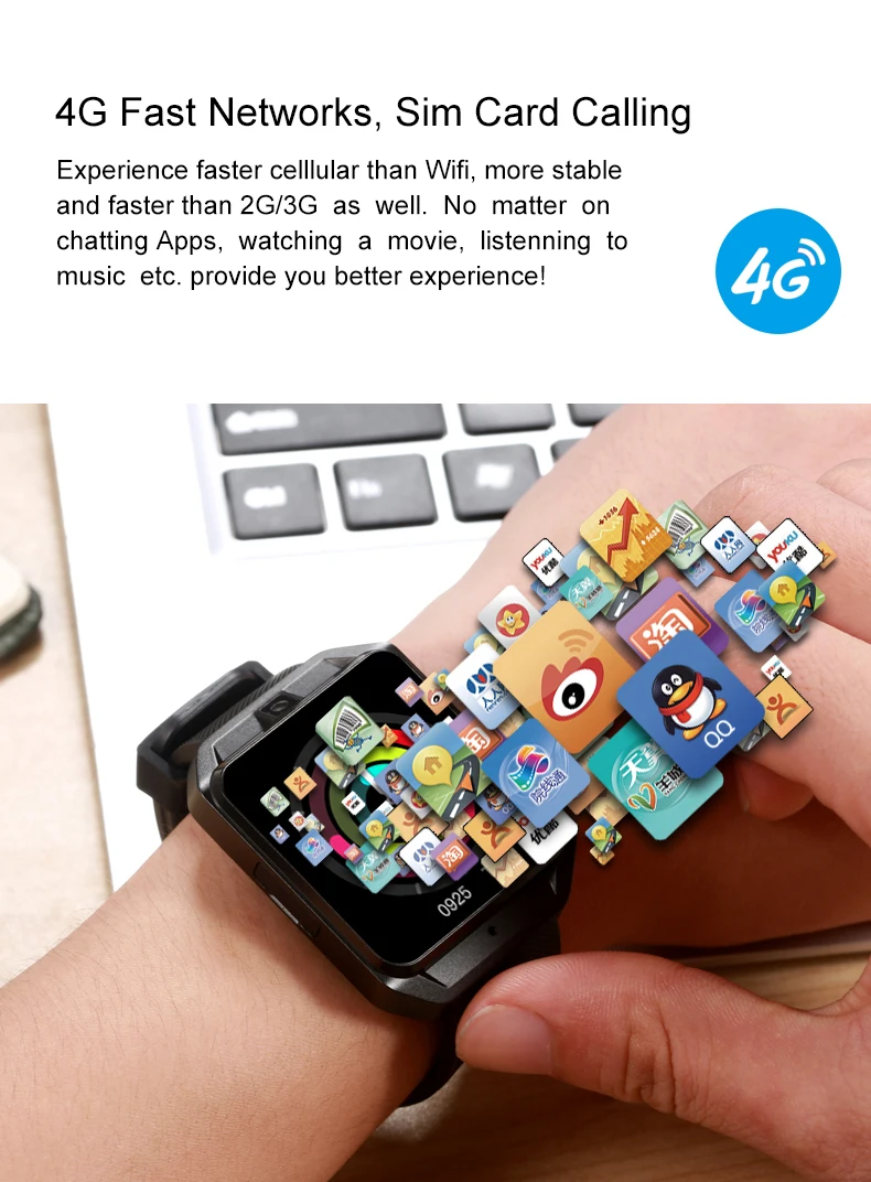 

4G Network Android 6.0 Smart Watch with SIM Camera GPS Navigation Heart Rate Monitor Sport Fitness Activity Tracker Wifi 1G+8G