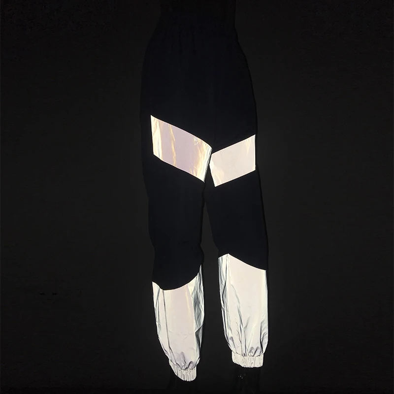 Dulzura осень зима женские Светоотражающие Брюки jogger с высокой талией, из лоскутов спортивные штаны уличная праздничная одежда брюки