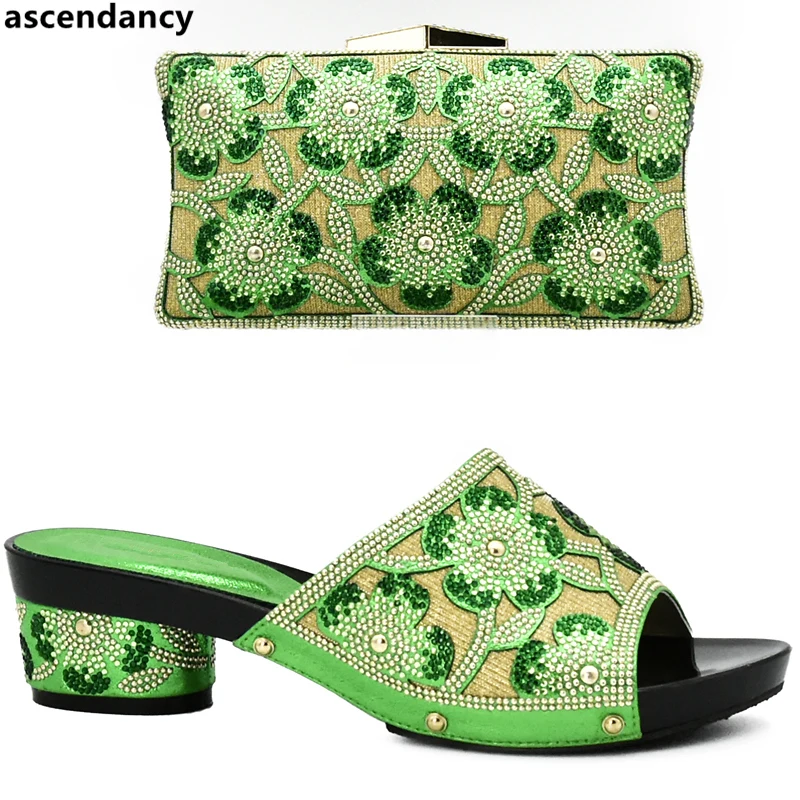 Новейший комплект из туфель и сумочки желтого цвета в африканском стиле; итальянский Женский комплект из туфель и сумочки со стразами - Цвет: Зеленый