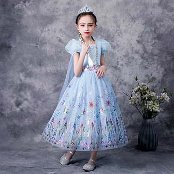

Girls Summer Elsa Dress Up Costumes Kids Snowflake Print Floral Clothes Children Snow Queen Inspired New Outfits Carnival Gown
