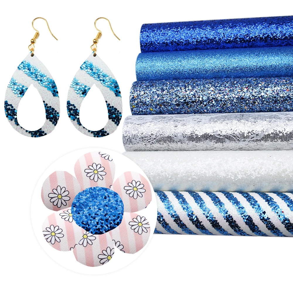 

David accessories 6pcs/set 20*34cm Blue Striped Faux Synthetic Leather Fabric Set DIY Bow Bag Materials Home Decoration,1Yc7990