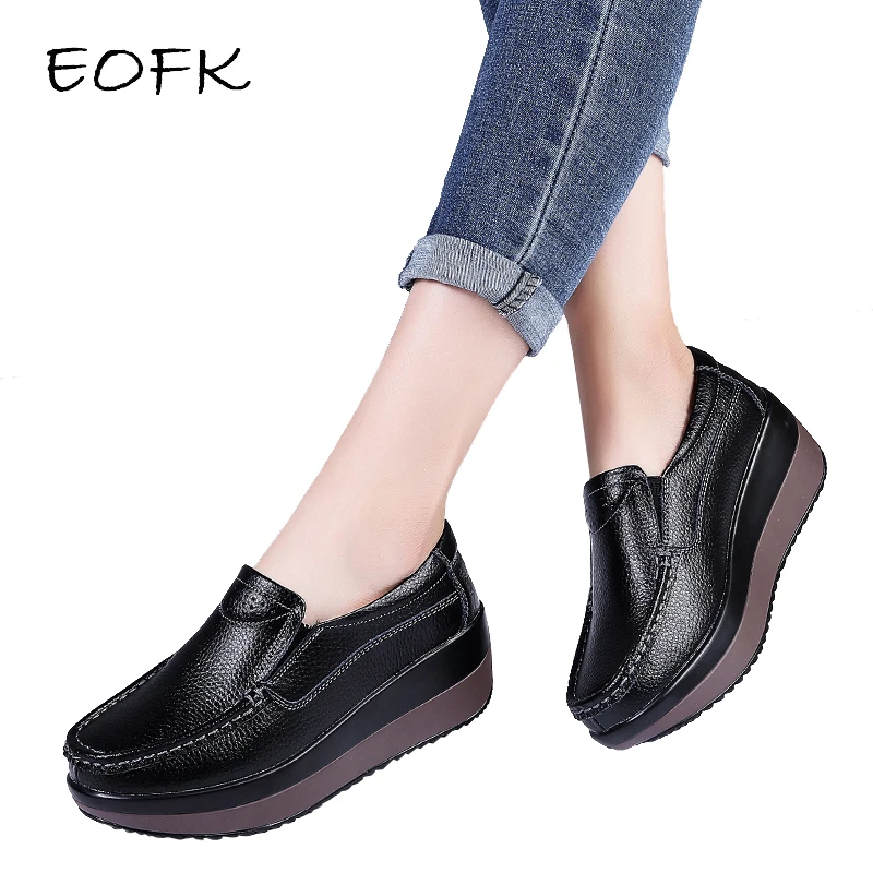 Women Loafers Flats Ladies Genuine Leather Moccasins Fall Slip-on Casual Round Toe Handmade Platform Shoes EOFK women shoes women flats casual shoes