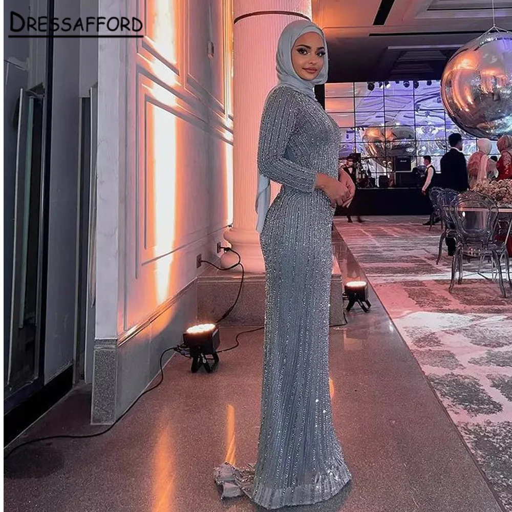 Long Sleeve Evening Gown High Neck  Crystal Beaded Slit Mermaid Formal Women Party Dresses Vestidos long sleeve prom dresses Prom Dresses