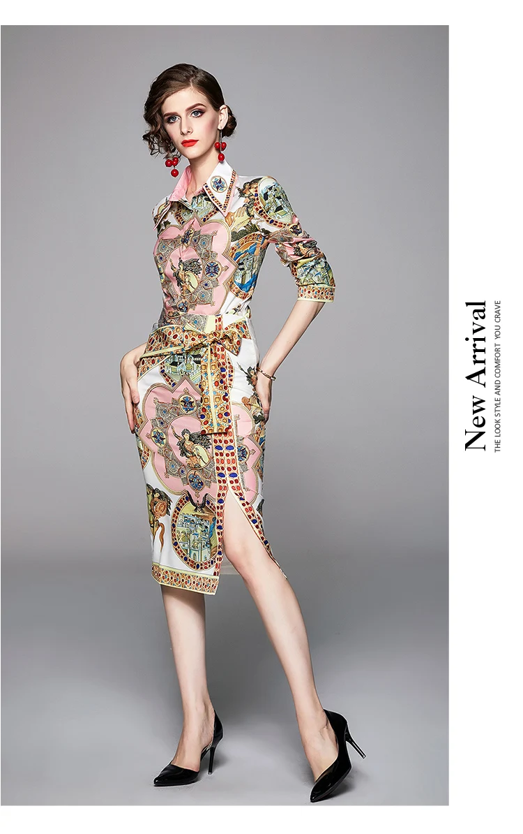 Banulin Высокое качество Модный Подиум набор для женщин с длинным рукавом Кристалл рубашка и принт Сплит Bodycon Юбка повседневный элегантный костюм наборы