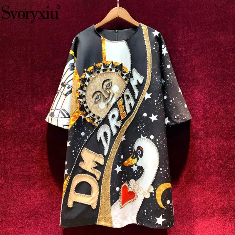 

Svoryxiu Runway Vintage Autumn Winter Loose Dress Women's Fashion Half Sleeve Diamond Letter Note Print Black Short Dresses