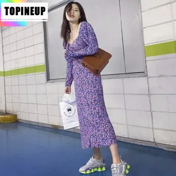 

Floral Fairy Mature Style Summer Elegant Square Neckline Korean Full Sleeve Long Dresses OL Printing Polyester