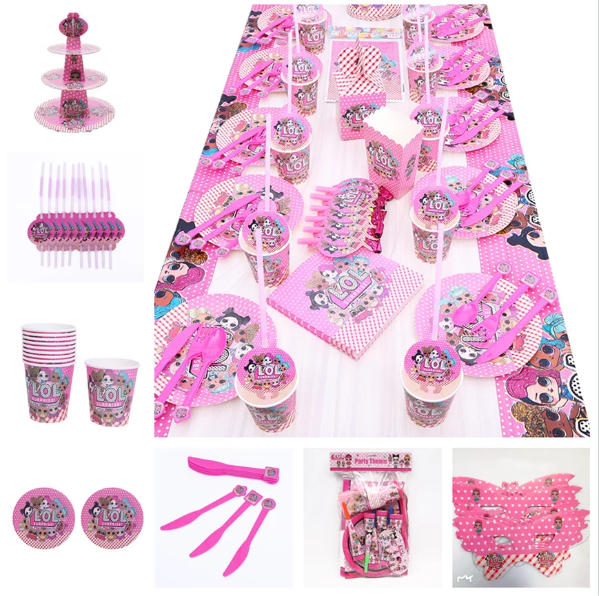 LOL Surprise-tema fiesta de cumpleaños para niños, suministros de una sola vez, taza de vacaciones, plato, cuchara, soporte de pastel, evento de actividad, regalos