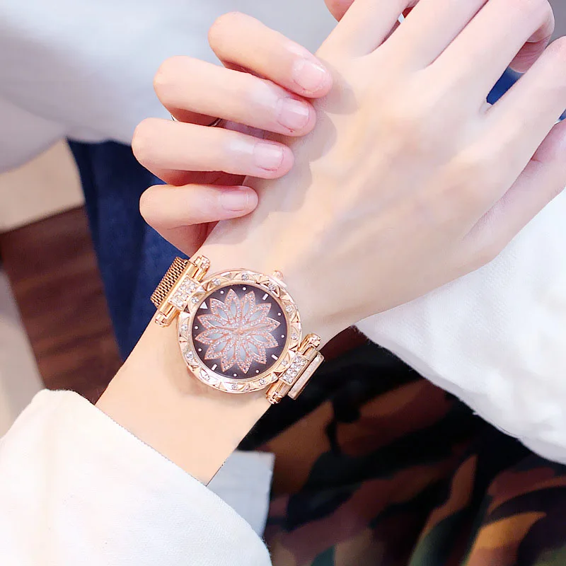 Модные женские сетчатые часы с магнитной пряжкой, роскошные женские часы с цветочным принтом, стразы, кварцевые часы, Набор браслетов для женщин, Relogio Feminino - Цвет: Rose Gold