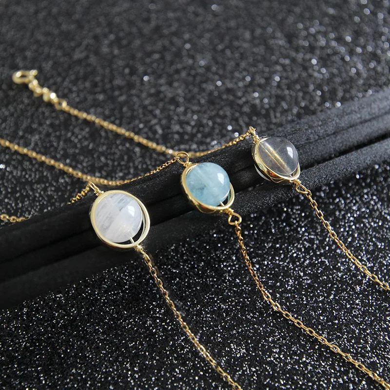 

925 Sterling Silver Natural Stone Saturn Gold Bracelet Geometry Round Circle Splicing Pendant Bracelet Fashion Women Jewelry