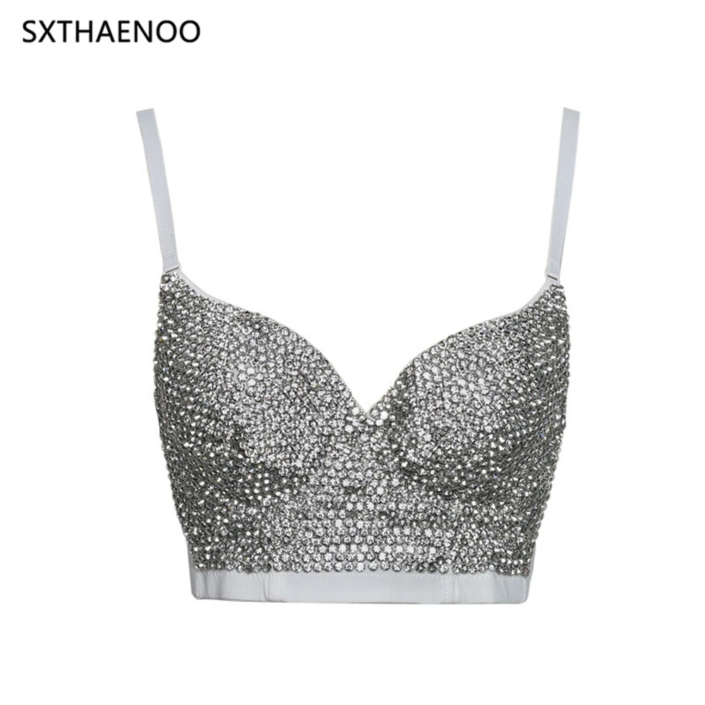 SXTHAENOO Sexy Rhinestone Crop Top Rave Festival Glitter Bustier Silver