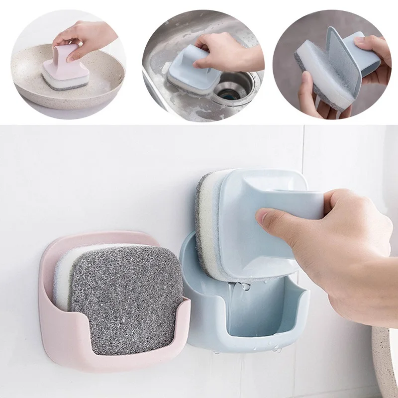

Wall-Mounted with Handle Magic Sponge Eraser Pot Kitchen Cleaning Brush Tools Dishwashing Brush Holder Rack Bath Brushes