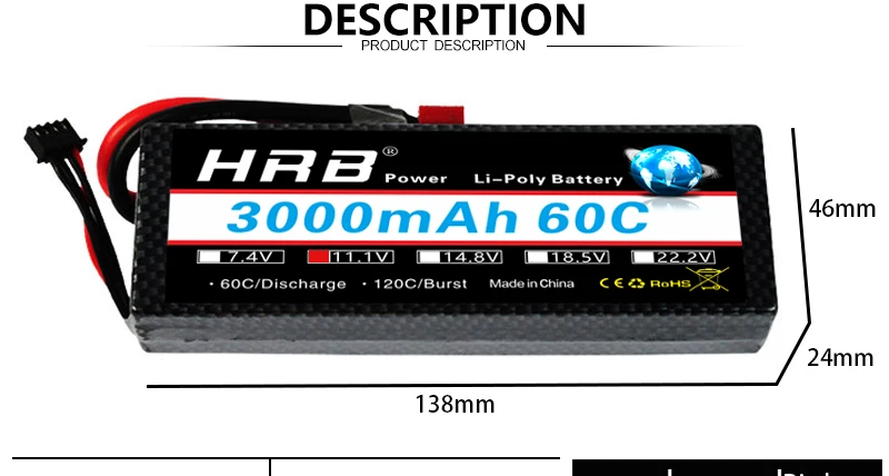 HRB 11.1V 3000mah Lipo 3S Battery, HrB Power Li-Polv Battery 300omAh 60C 46mm LLAV