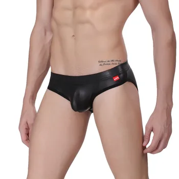 

Men PU Faux Leather Underwear Colloid Imitation Latex Bikini Briefs Glossy U Convex Pouch Package Buttocks Erotic Body Lingerie