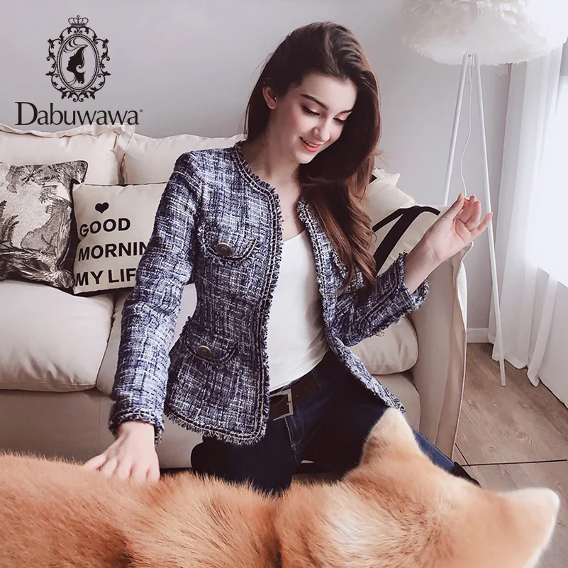Dabuwawa элегантная клетчатая потертая твидовая куртка пальто женское офисное пальто с О-образным вырезом с длинным рукавом верхняя одежда куртки пальто DN1CSO004