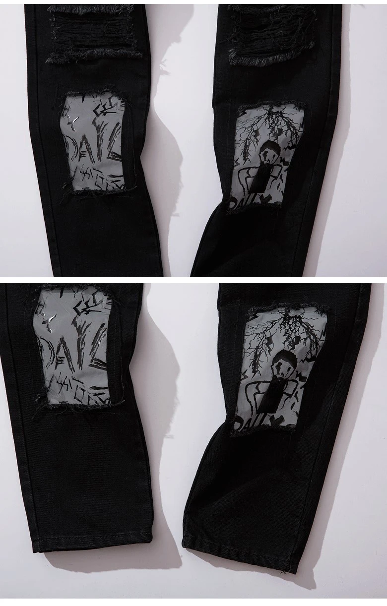 Sokotoo Мужская мода крест вышитые черные рваные джинсы Уличная дыра печатных джинсовые штаны