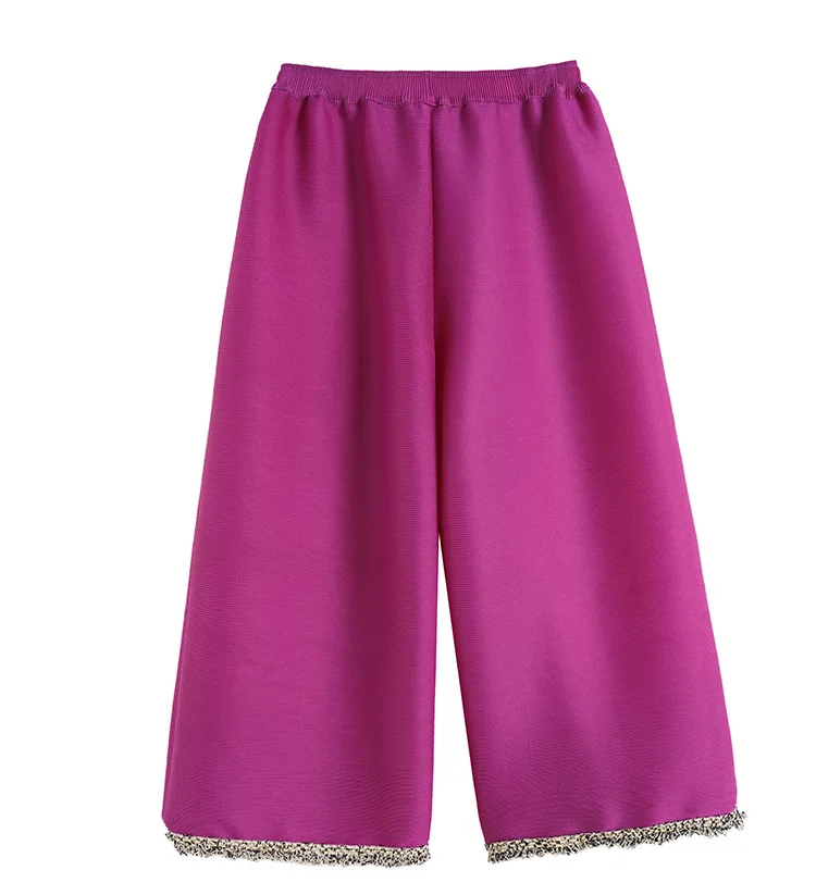 rose red pants Высокое качество плиссированные женские наборы отложной воротник рубашка пальто с бисером+ повседневные широкие брюки модные элегантные женские офисные костюмы - Цвет: rose red pants