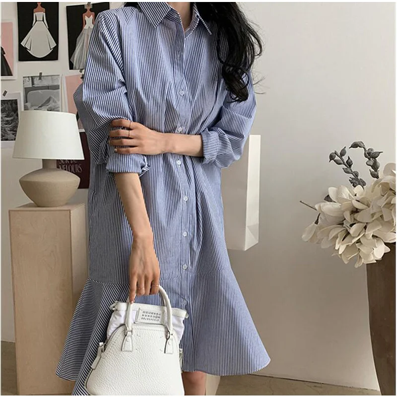 

New 2020 Women Summer Autumn Dresses Casual Striped Ruffles Trumpet Oversize Buttons Wrist Long Shirt Dress CL449