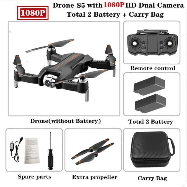 1080P 2B BAG S5 дроны 4k HD Двойная камера Дрон HD Rc вертолет Дрон игрушки Квадрокоптер Дрон Квадрокоптер Helikopter Дрон для селфи - Цвет: 1080P 2B BAG