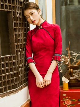 

Vintage Chinese style women's dress girls fresh daily young style improved cheongsam literary red mid-long style dress