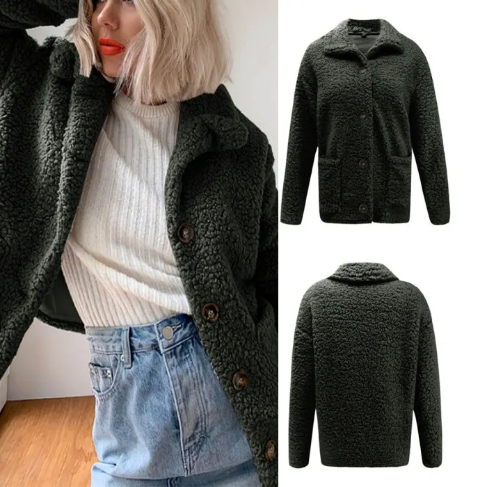 Chaquetas mujer, новинка, Женский флисовый кардиган, теплая куртка, куртка женская, топ с отворотом, длинный рукав, одноцветная куртка на пуговицах