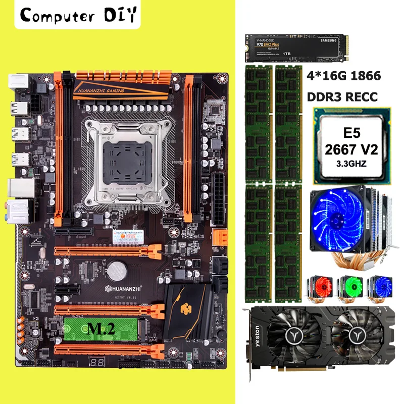 Материнская плата HUANANZHI Deluxe X79 с видеокартой SSD 1 ТБ RX580 4GD5 ЦП Xeon E5 2667 V2 кулером ОЗУ 64