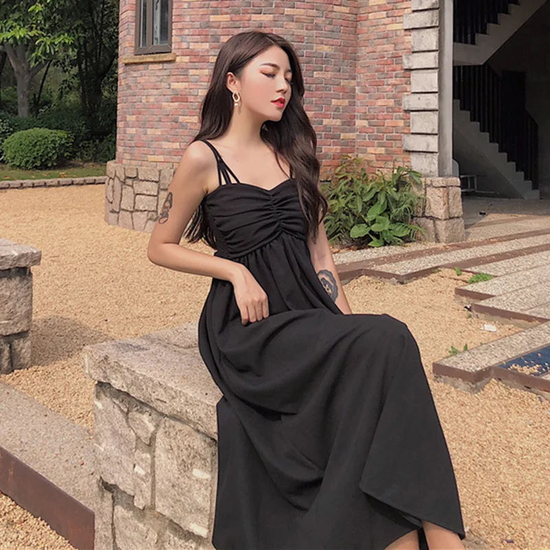 

Summer New Style Solid Color High-waisted Dress Women's Doubles Dew Shoulder Strap Tube Top Mid-length Big Hemline Dress Strappe