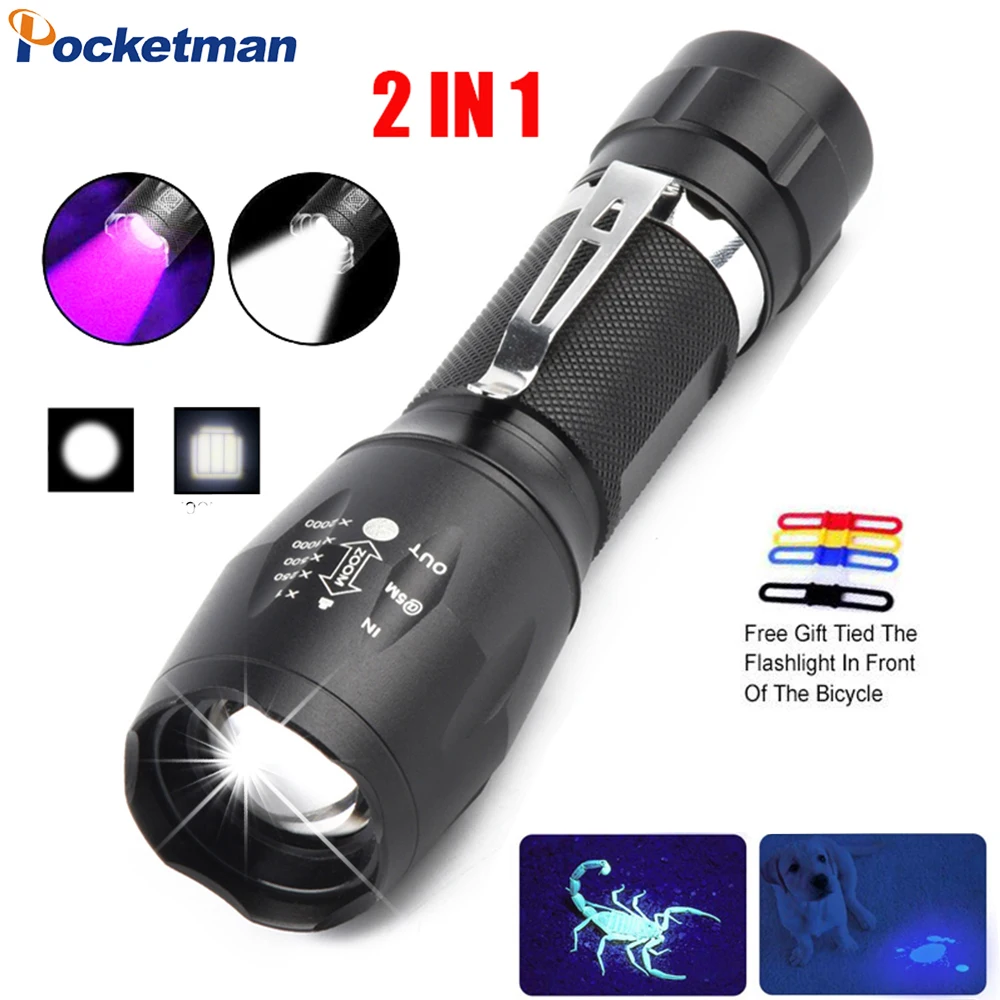 Portable UV LED Flashlight 2 in 1 Purple/White Light Flashlight Black Light Ultraviolet Torch Ultraviolet Urine Detector