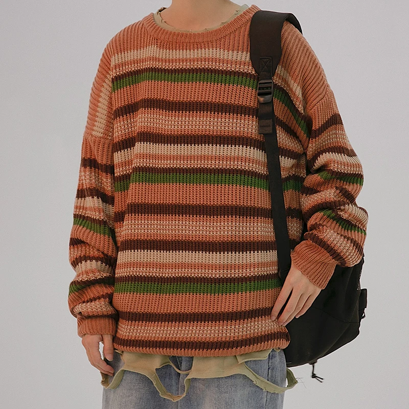 Autumn Striped Sweater Men Fashion Contrast Color Casual Knit Sweaters Men Loose Long-sleeved Pullover Sweter Man Clothes M-2XL