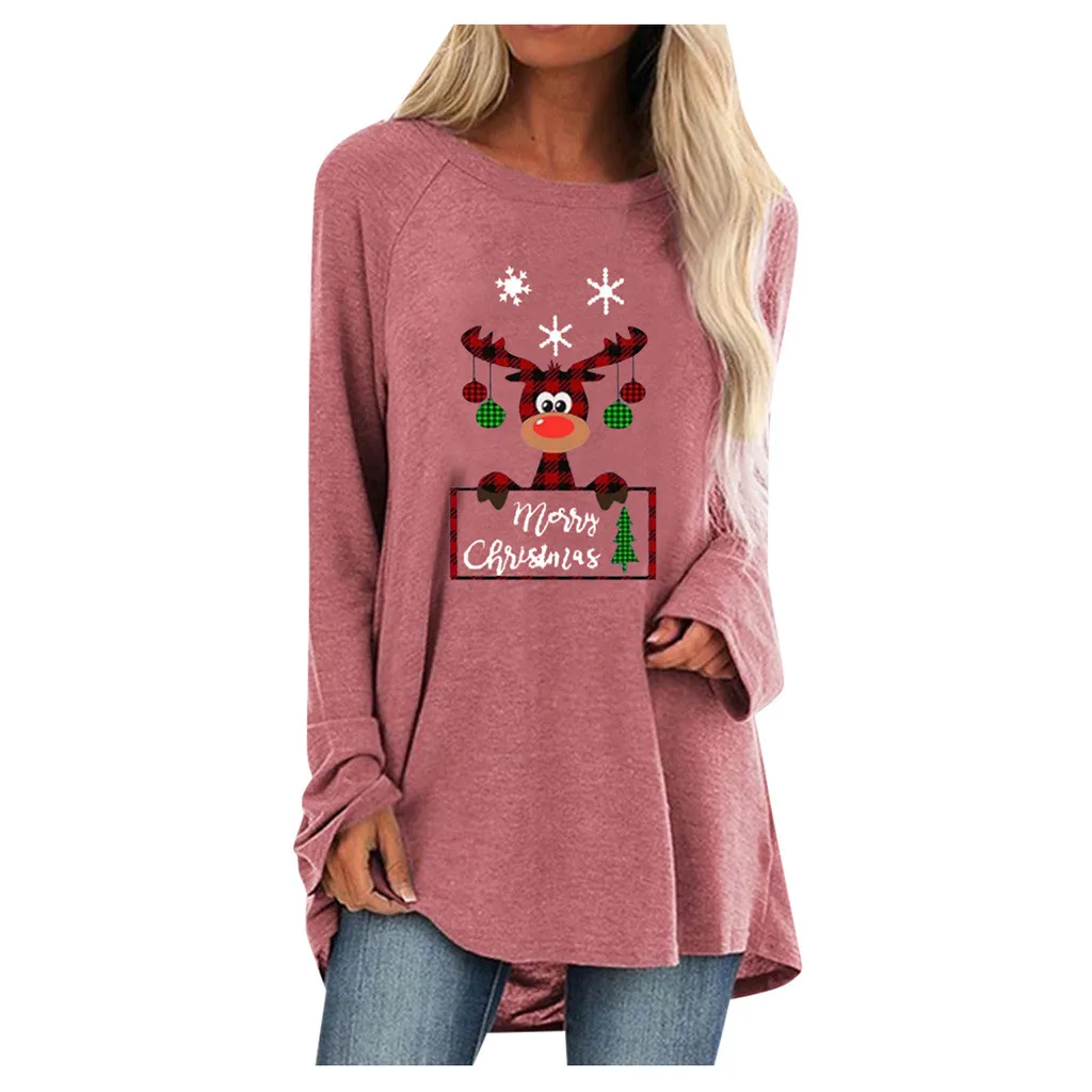 Женские блузки свободного кроя с рождественским принтом Eik, с длинным рукавом, базовая футболка с рождественским карманом, Женская Асимметричная рубашка, топ, уникальный женский топ размера плюс 5XL