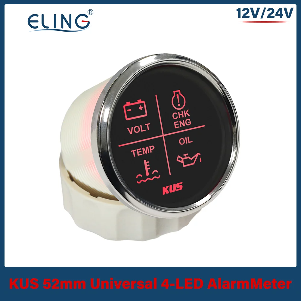 KUS 52mm (2인치) 알람 게이지 미터 4 LED 알람 표시기 게이지 전압 오일 수온 체크 엔진 게이지 (자동차/보트용) 적색등 12V 24V