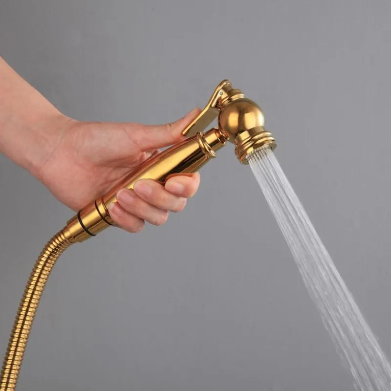 Vidric Gold Brass Bathroom Hand held Bidet Sprayer Faucet Spray Gun& Holder Hose Connector&1.5m Shower Hose with double use va