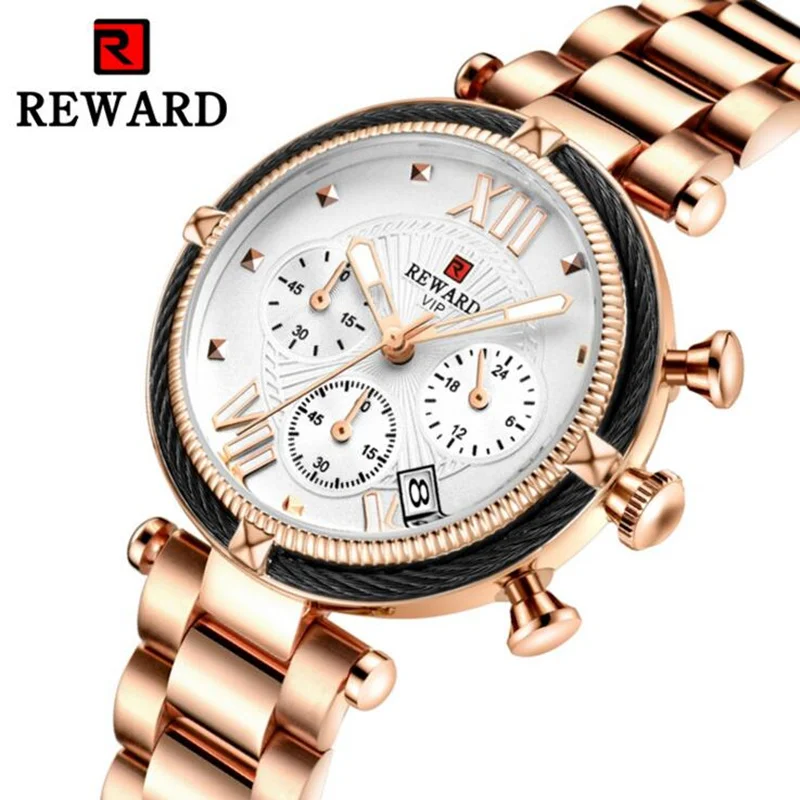 

REWARD New Arrival Multi-function Luxury Fashion Watches Women Quartz Watch Women's Stainless Steel Strap Wristwatch Lady Gold