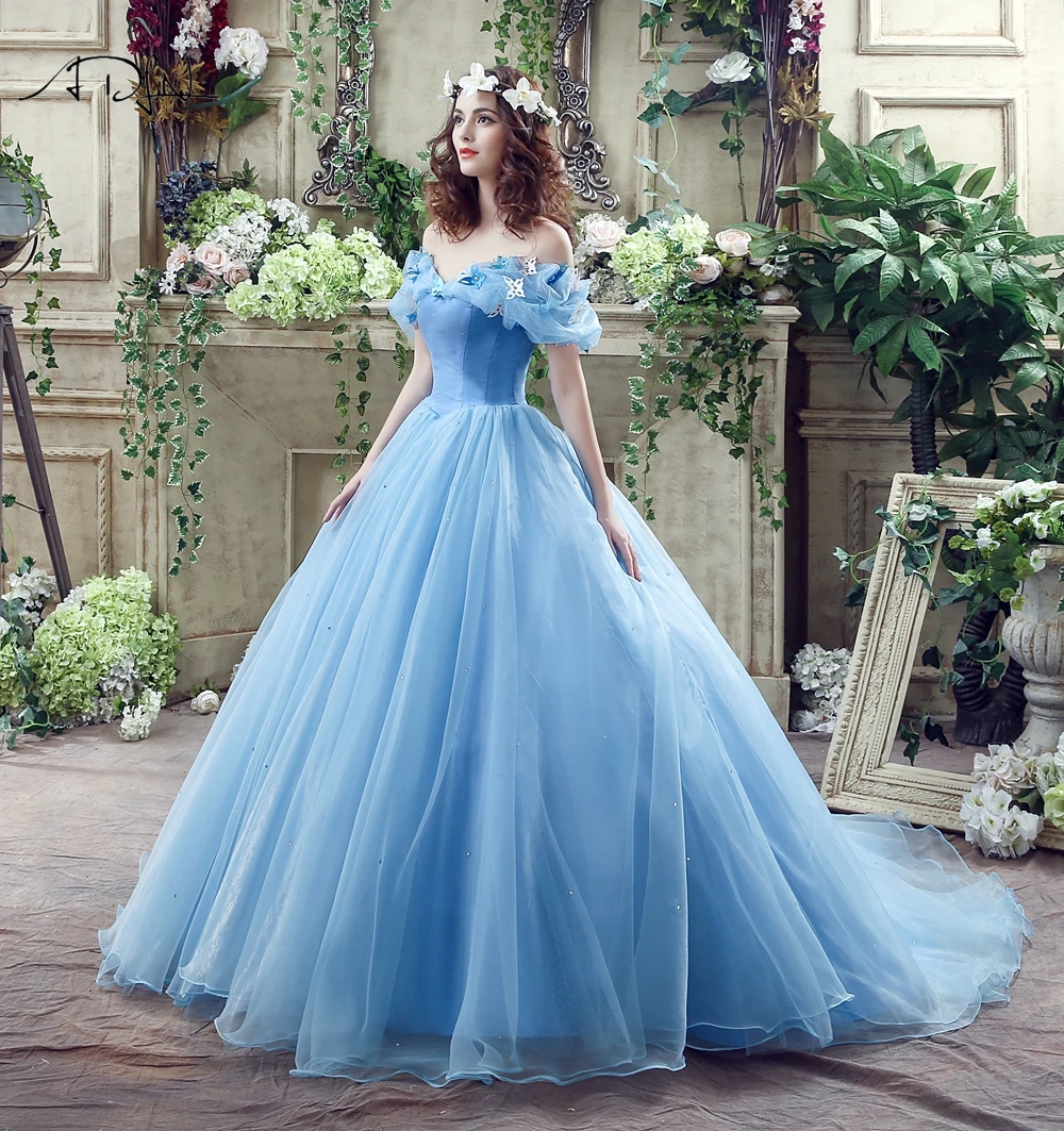 ADLN Голубое Бальное платье бальное платье Принцесса Золушка косплей платье с открытыми плечами органза длинное формальное платье выпускного вечера по индивидуальному заказу