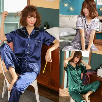 

2020 New Summer Spring 2-Piece Sexy Women's Short Sleeves Pajamas Satin Button Down Top Long Pants Smooth Soft Nightwear
