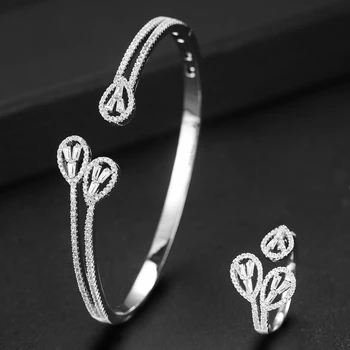 

GODKI Luxury Little Leaf Bangle Ring Set For Women Full Micro Cubic Zircon Pave Party Wedding Saudi Arabic Dubai Jewelry Sets