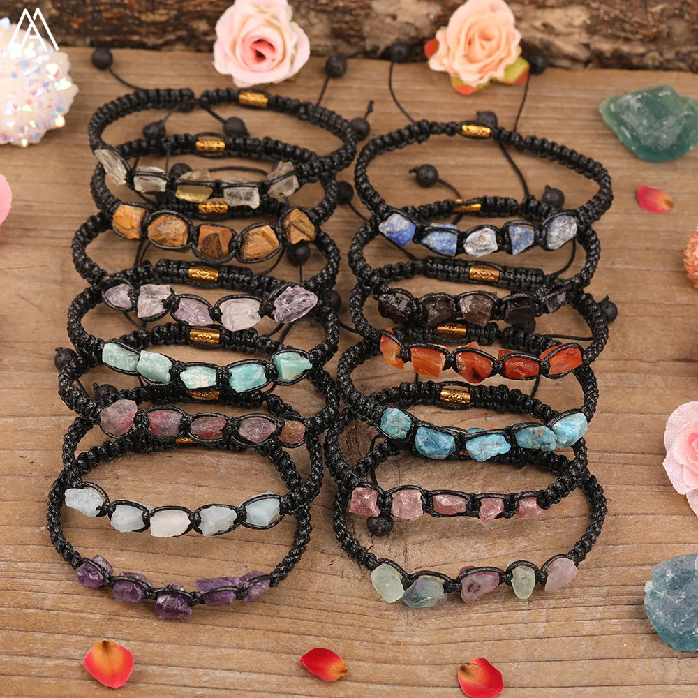 

Женские плетеные браслеты с кристаллами из натурального камня, аметисты, кварцевые бусины с узелком, регулируемый плетеный браслет, Прямая ...