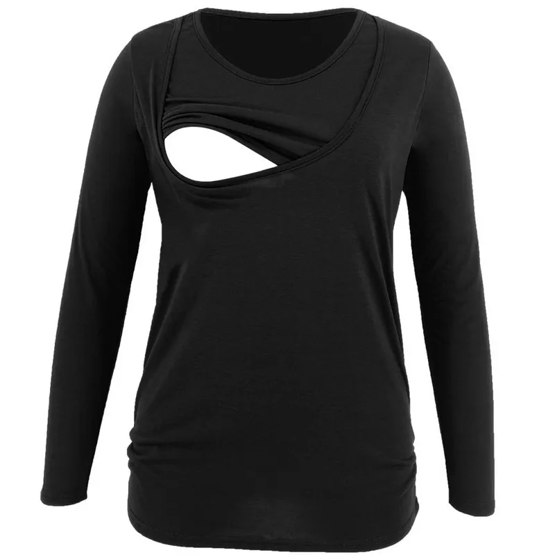 Черный Emmababy New Women Pregnant Maternity Clothes Long Sleeve solid Color Soft Nursing Top Breastfeeding T-Shirt - Цвет: Черный
