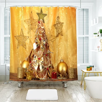 

3d Christmas Shower Curtains Golden Christmas Tree and Ball Pattern Waterproof Thickened Bath Curtains for Bathroom Customizable