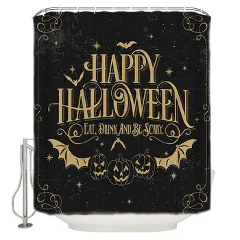 

Happy Halloween Shower Curtain Bat with Pumpkin Cloth Fabric Bathroom Curtains with Hooks,