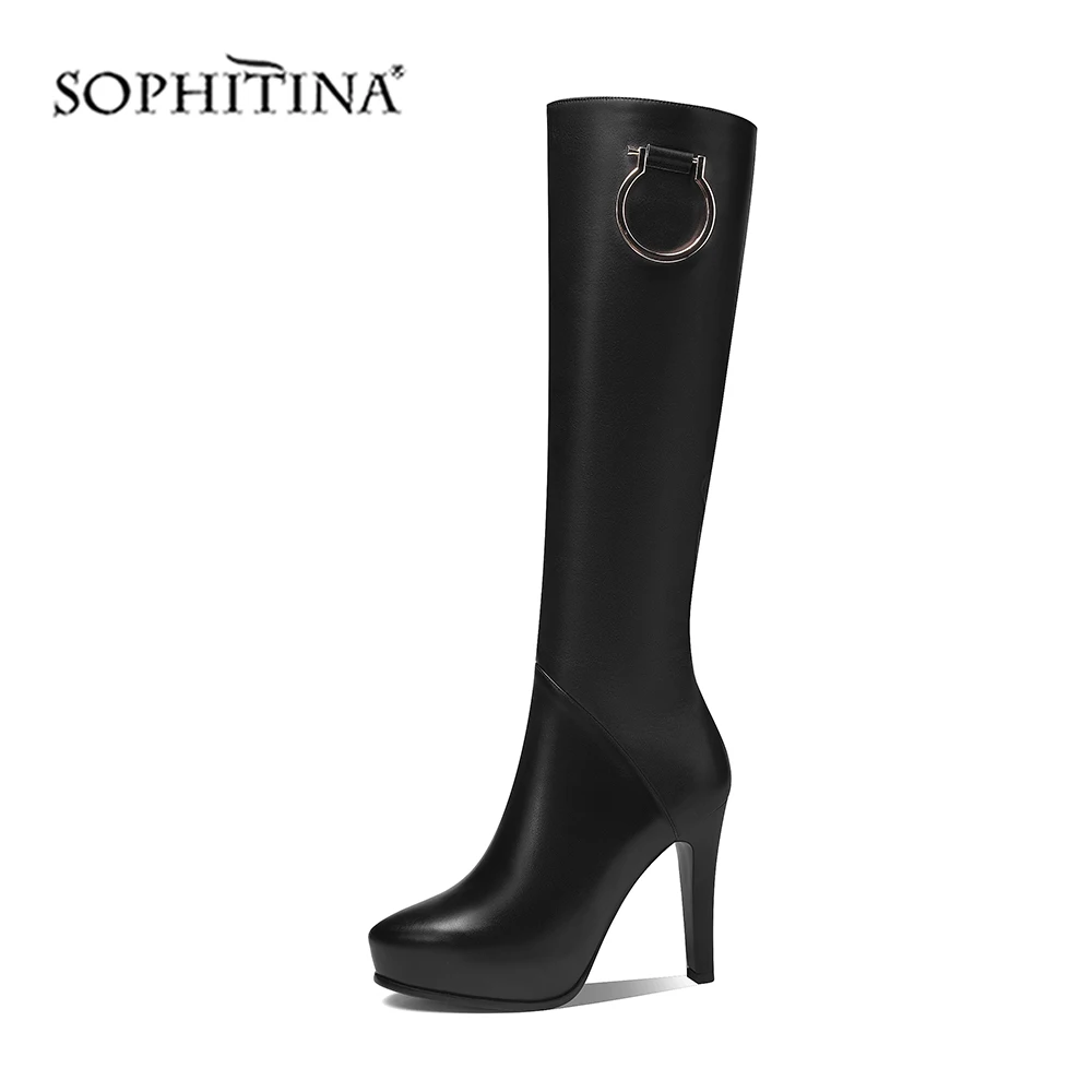SOPHITINA/однотонные ботинки из высококачественной коровьей кожи; модная женская обувь на тонком каблуке с металлическим украшением; ботинки с острым носком; PO299