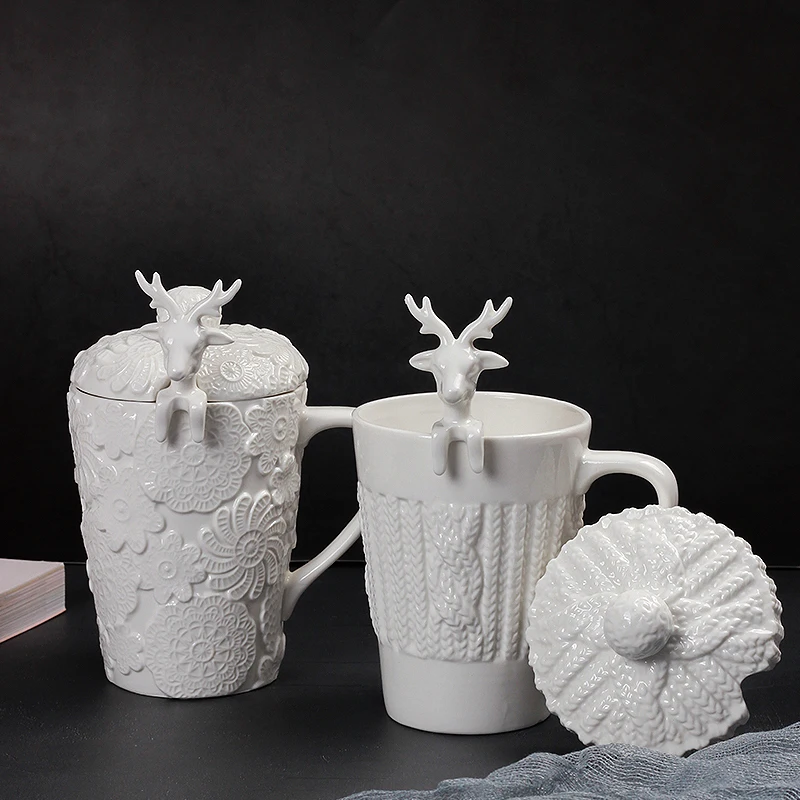 cheap Christmas Mugs 3D Amimal Couples Cups With Lid Cute Milu Deer Coffee Milk Snow Mug Breakfast Cups Creative Christmas Best Gifts