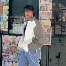 

European and American Style Autumn Women's Street Loose 2021 New Fashion Mid-length Contrast Color Lapel Long-sleeved Jacket