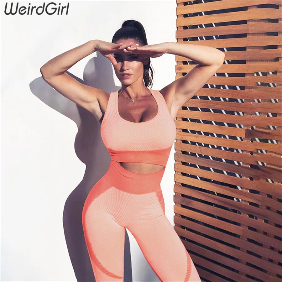  Weirdgirl Women sets 2 pieces Fitness Tracksuit Vintage elastic tank top with Pads Long high waist 