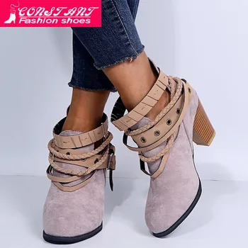 

Women Boots Spring Autumn High Heels Shoes For Female Rivet Buckle Daily Shoes Ladies Short Boots Leather Ankle Boots