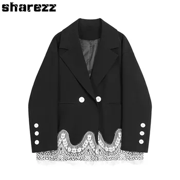 

Sharezz Spring Autumn 2020 New Black Blazer Lace Patchwork Double Breasted Long Sleeve Loose Fit Fashion Tide Short Coat Women