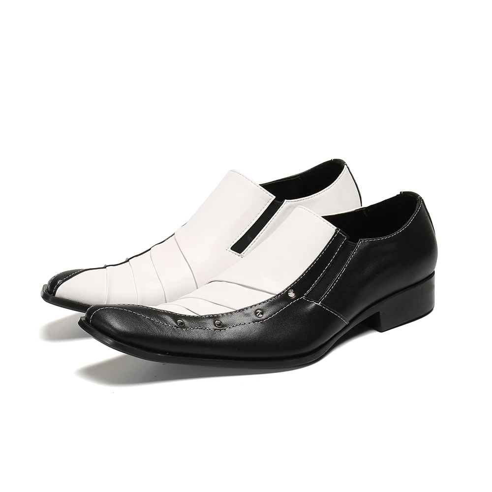 

Designer Black White Men Leather Shoes Square Toe Party Wedding Men Dress Shoes Big Size Formal Business Oxford Shoes Slip On