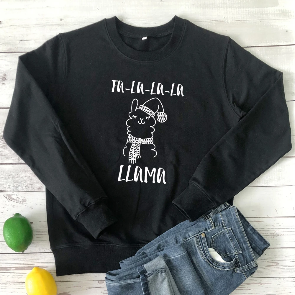 black-white text Fa La толстовка с ламой милый Llama рождественские праздники подарочные Пуловеры Зимние женские с длинным рукавом графические кофты наряды - Цвет: black-white text