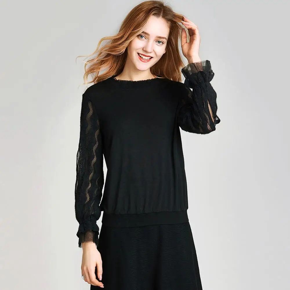 HAVVA осень и зима новинка для женщин пуловеры мода пронзили кружева сплайсинга свитер женский M4612 - Цвет: Black