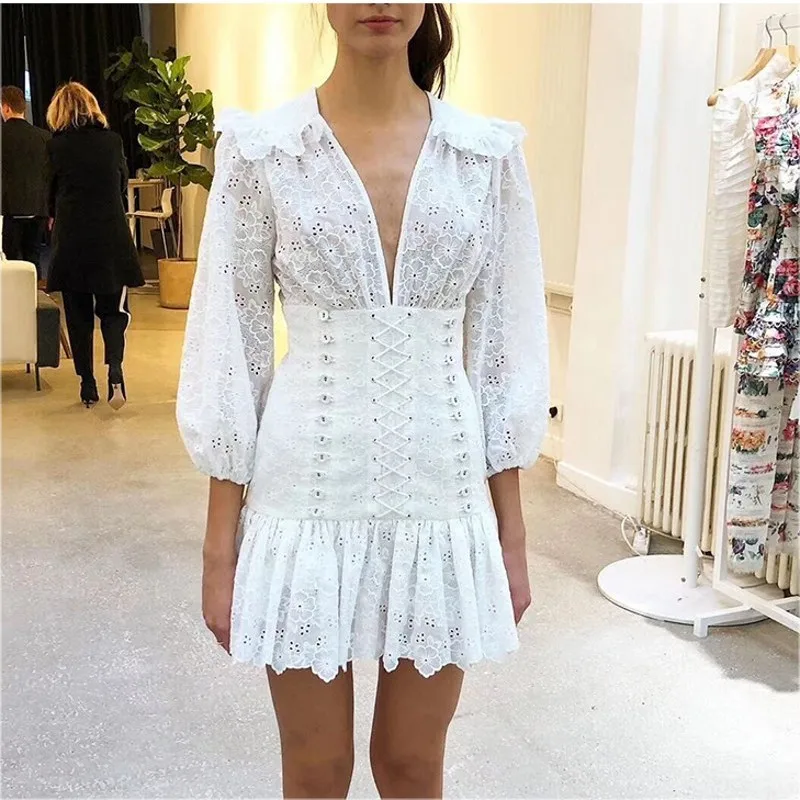 

2019 autumn Fashion Runway Design Patchwork Women three quarter Sleeve Lace Dress Hollow Out Ruffles V neck Dress
